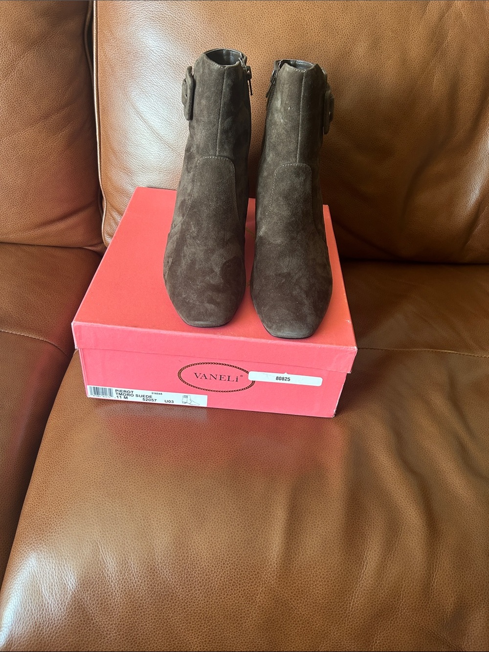 Vaneli Dark Brown Suede Ankle Booties with Side Buckle
